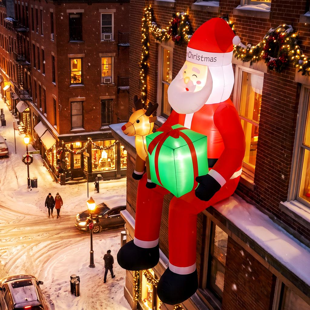 9.3ft Giant Christmas Inflatable Hanging Santa Claus W/ Reindeer