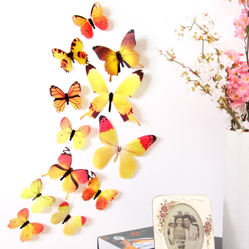 

New Qualified Wall Stickers 12pcs Decal Wall Stickers Home Decorations 3D Butterfly Rainbow Color PVC Wallpaper for Living Room жёлтый