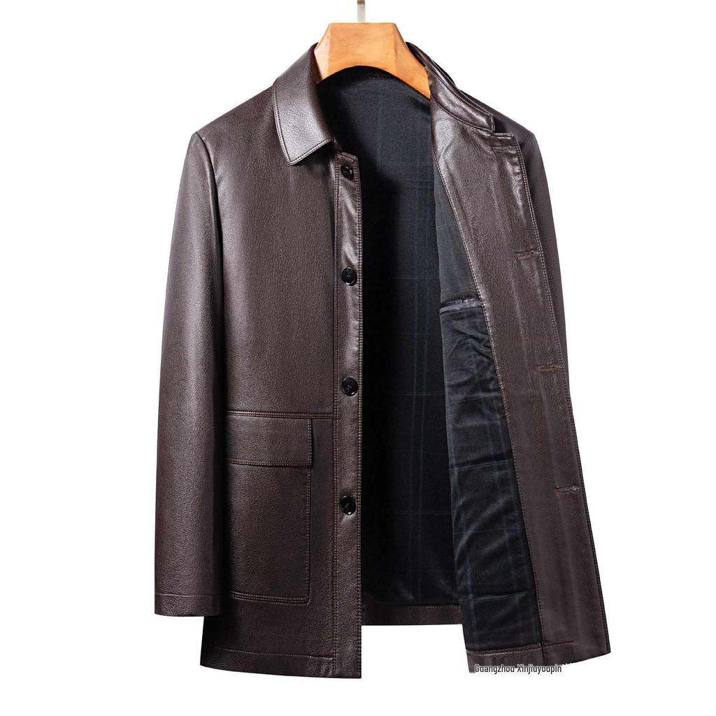Men's Casual Sheepskin Leather Jacket: Turn-Down Collar, Ideal for Spring/Autumn, Perfect for Middle-Aged and Elderly.