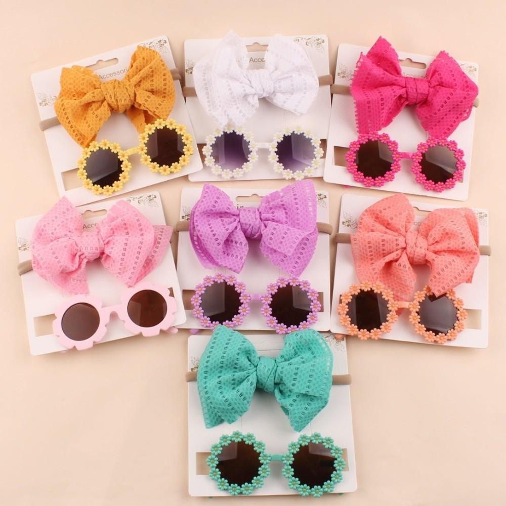 2Pcs/Set Soft Elastic Children Bowknot Headband Cotton Wide Baby Bows Turban Solid Color Kids Sunglasses Set Photography Prop