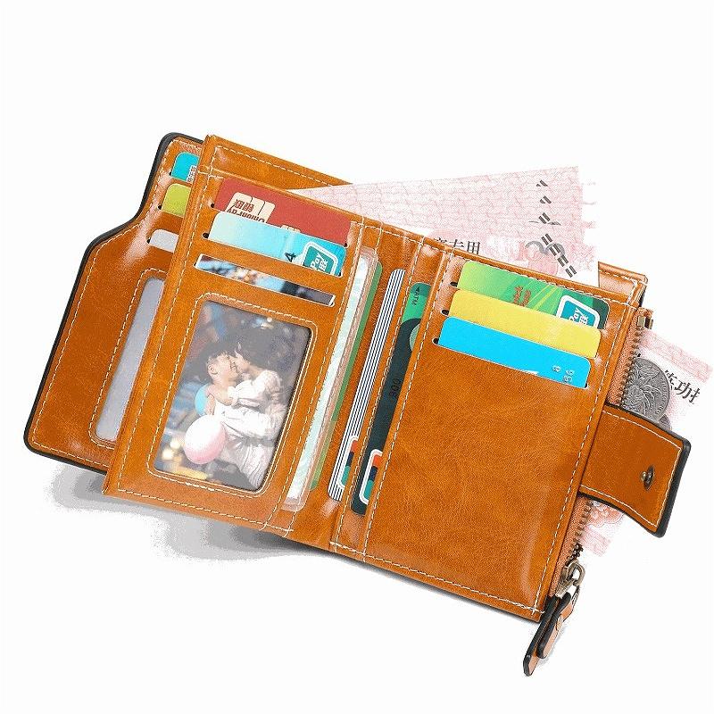 Women Short Wallet RFID Card Holder Retro Oil Wax Leather Wallet Large Capacity Tri-fold Multi Card Slots ID Window Zipper Coin Pocket Foldable Purse