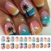 24 Pcs Sea and Coconut Tree False Nail Summer Artificial Nail Glossy Full Cover Stick On Nail Short Square Press On Nail