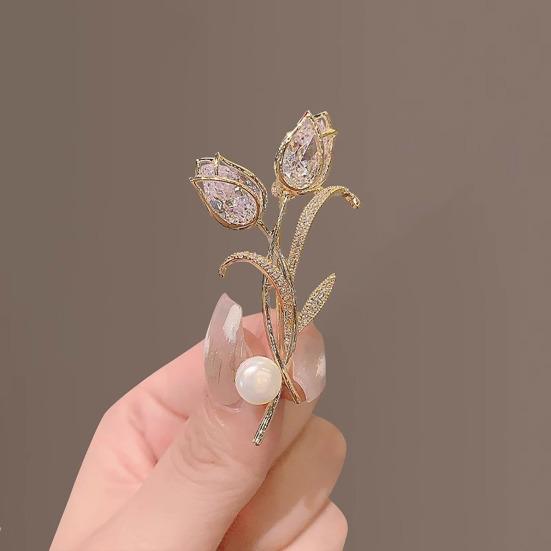 Women Brooch Sparkling Cubic Zirconia Imitation Pearl Decor Tulip Design Lapel Pin Sweater Scarf Holder Jewelry Accessories