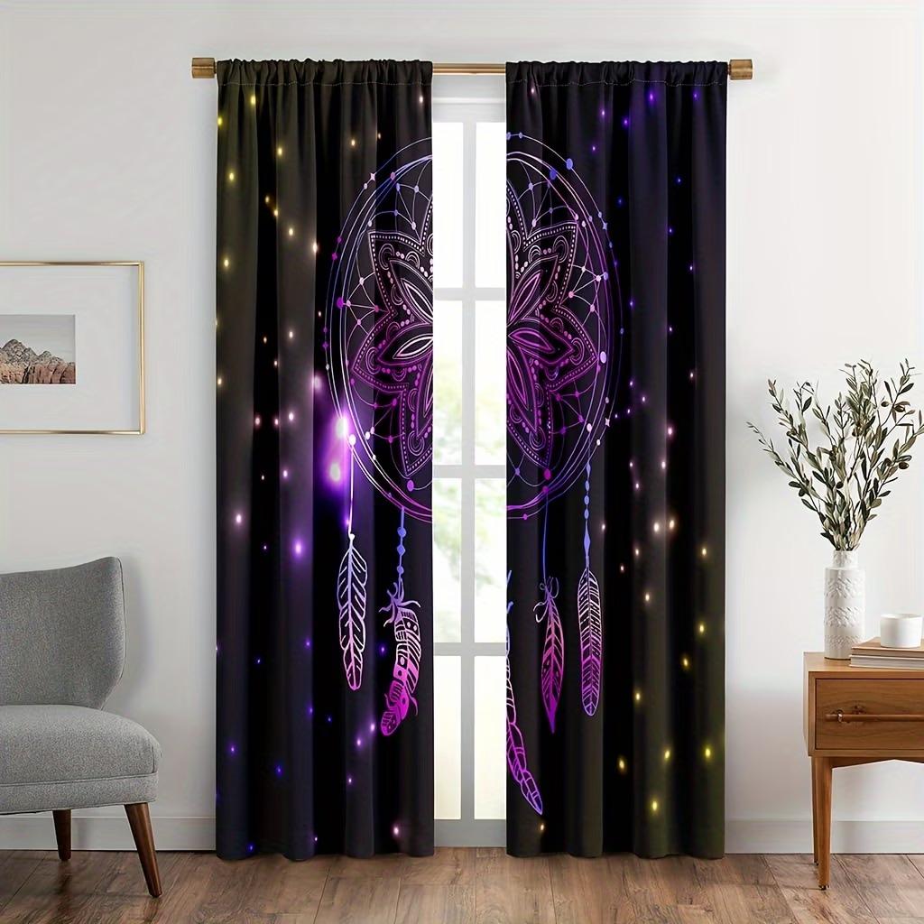 2 Pieces of Dreamcatcher Curtains, Rod-Pocket Style Polyester Blackout Fabric Curtains, Purple Galaxy Star Print Light-Filtering Curtains