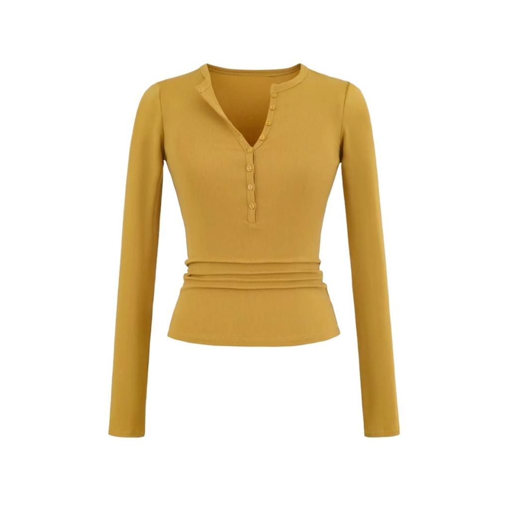Women's V Neck Button Long Sleeve Slim Fit Top Stretch Solid Color Basic Tee
