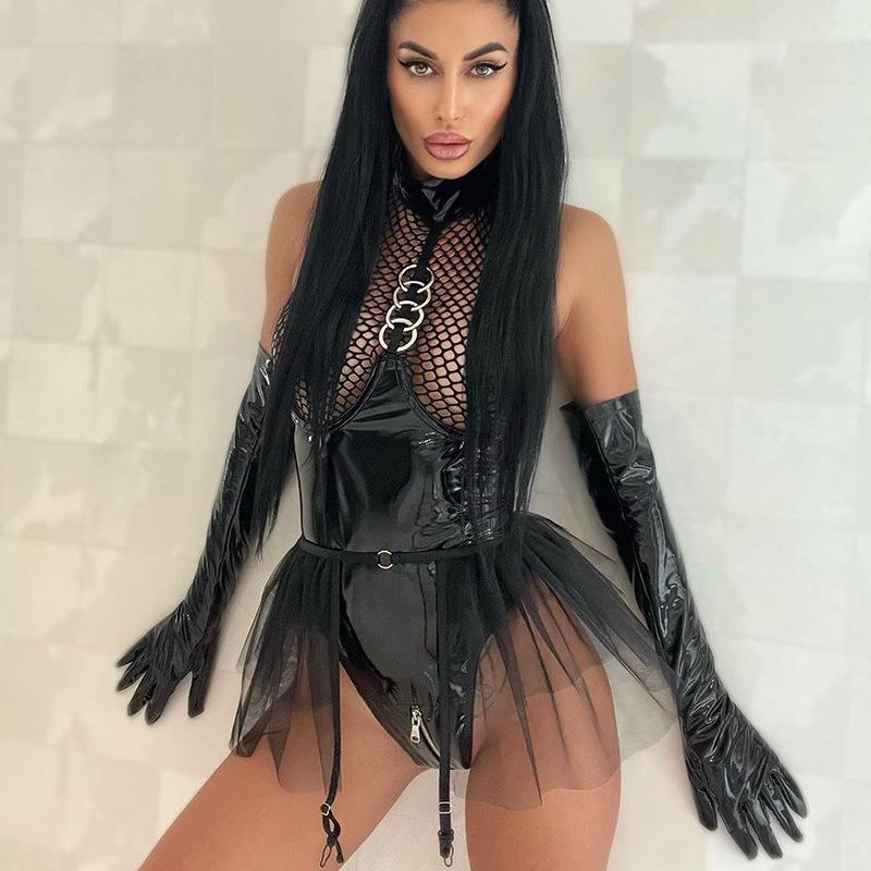 European & American Patent Leather Mesh Hollow-Out Sexy Lingerie Bodysuit Set