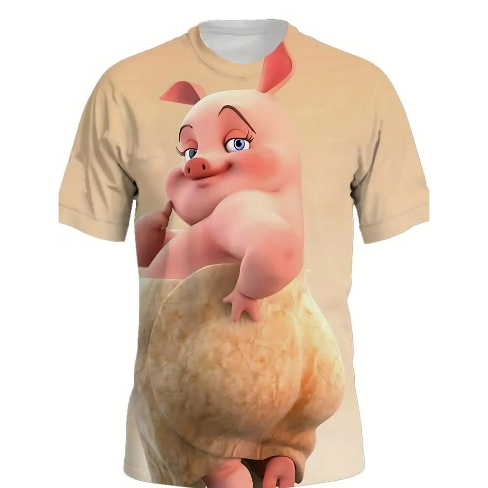 Herren Lustiges Schwein T-Shirt Niedliche Cartoon 3D Druck Kurzarm für Mann Rundhals T-Shirts Polyester Oberteile Outdoor Schnelltrocknend Herrenbekleidung