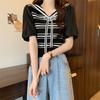 Summer Korean Academy Style Navy Collar Bubble Short Sleeve Slimming Striped Knitted Shirt Top for Women