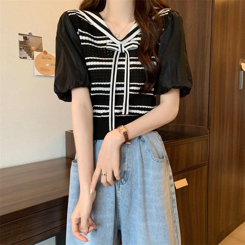 Summer Korean Academy Style Navy Collar Bubble Short Sleeve Slimming Striped Knitted Shirt Top for Women