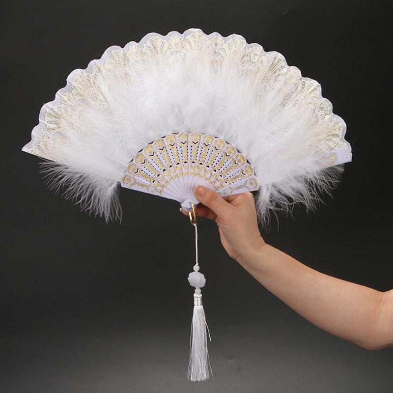 Lolita Feather Folding Fan Japanese Sweet Fairy Girl Dark Gothic Court Dance Hand Fan With Pendant Gift Wedding Party Decoration