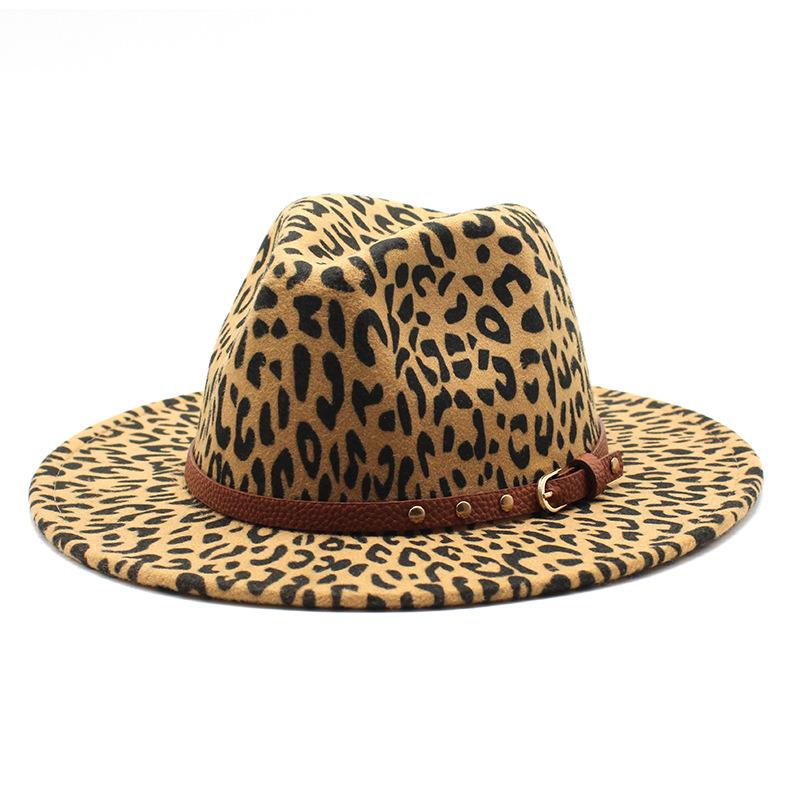 

Men S And Women S Woolen Top Hats, Leopard Print Jazz Hats, Retro Flat-Brimmed Big Eaves Hats. M（56-58cm） верблюд