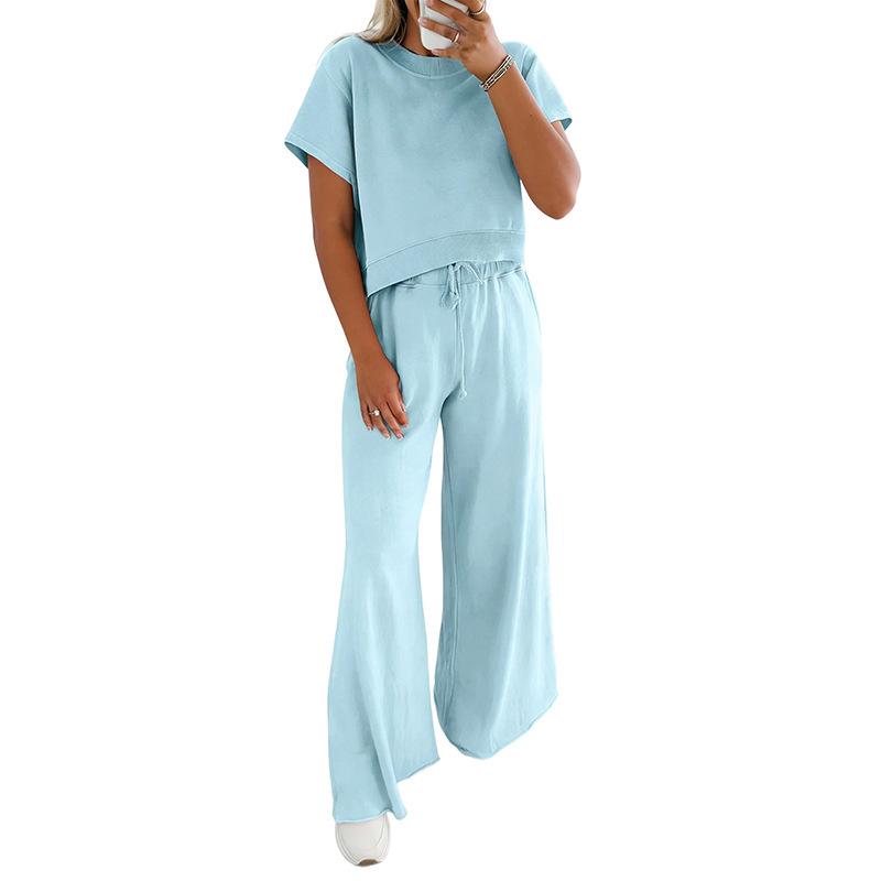 

2026 Women s Summer Casual Solid Color Short Sleeve Two-Piece Set with Drawstring Small