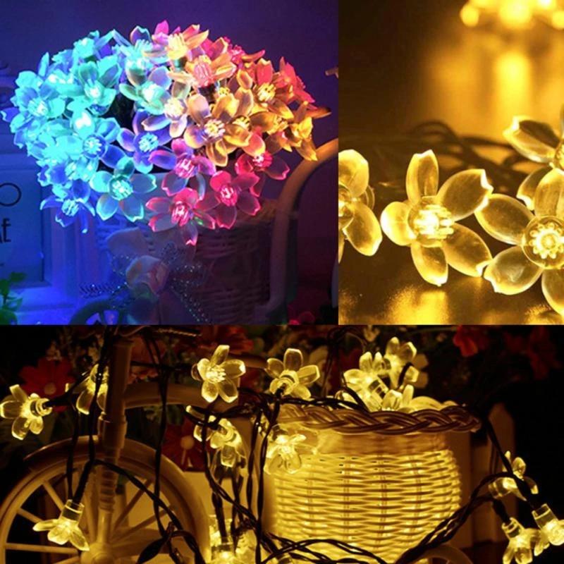 7M/12M Sakura Solar String Lights Garland Lawn Lamp Waterproof Christmas Garden LED Cherry Blossom Fairy Outdoor Lighting Decor