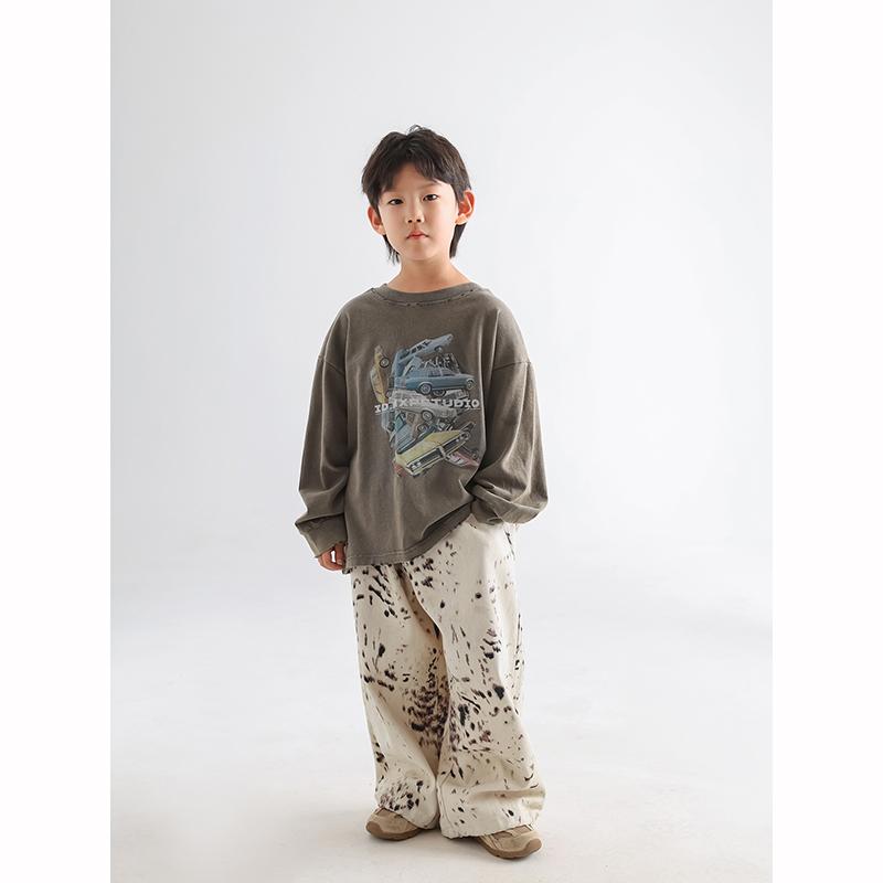 Korean Boys Jeans Spring Autumn Kids Leopard Print Casual Wide Leg Pants Children Versatile Trousers