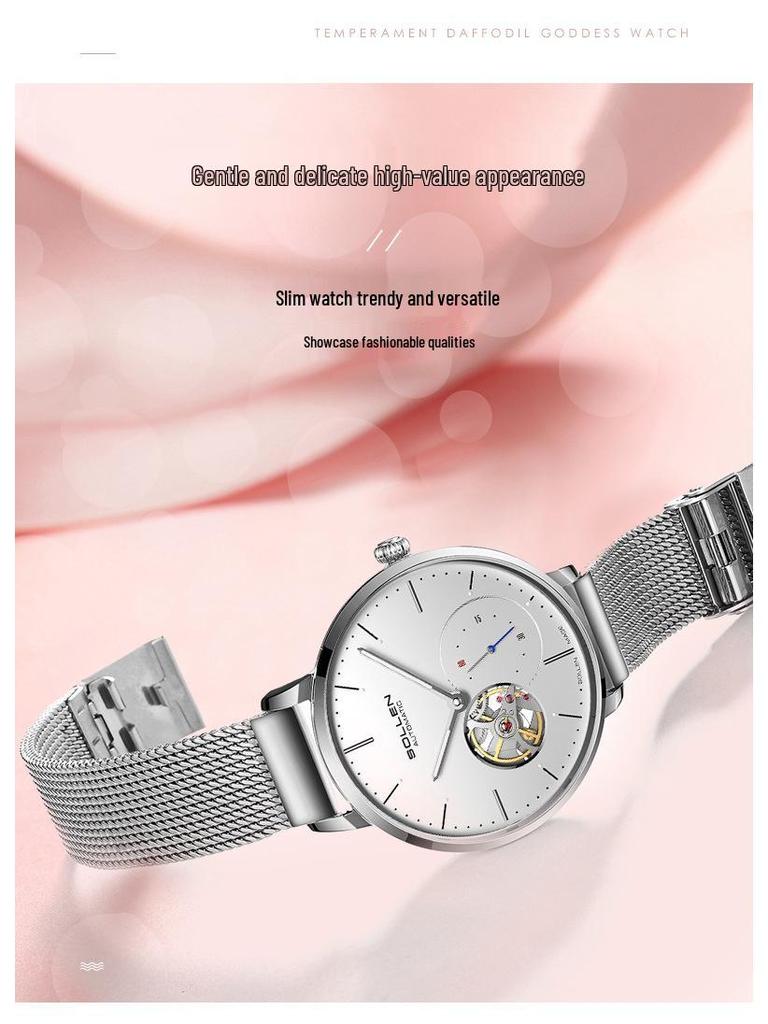 Solon Petite Ladies' Skeletonized Automatic Mesh Band Watch - Korean Style 