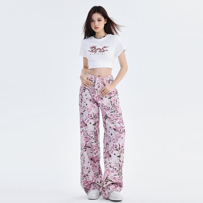

Ретро цветочный принт модные свободные прямые широкие джинсы для женщин на осень повседневные брюки для женщин на осень высокая талия утягивающие XL