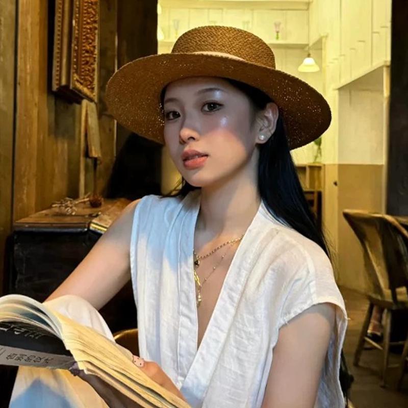 Women's Retro Flat Top Straw Braid Fedora Sun Hat - Summer Seaside Beach Sun Protection