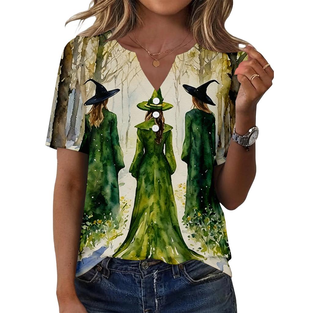 Women's Casual Halloween Print V-Neck Short Sleeve Button T-Shirt Top