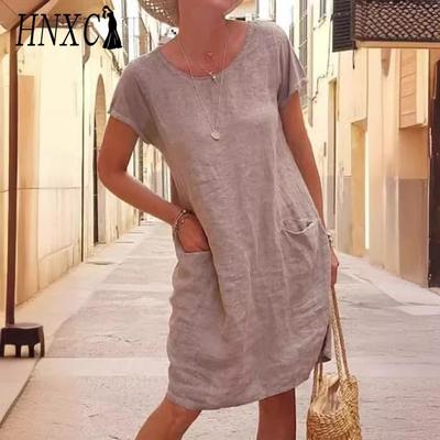 Women's Fashion Summer Spring Solid Color Print O-Neck High Waist Casual Dresses
