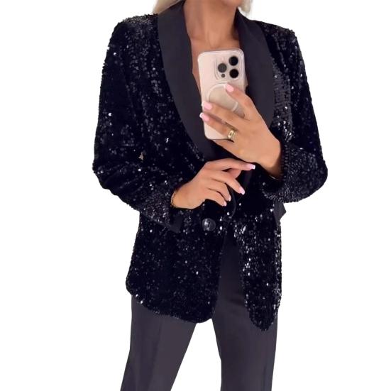 Giacca da donna con risvolto, manica lunga, bottoni, glitter, paillettes, autunno
