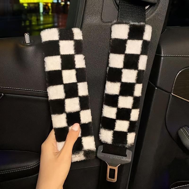 

2pcs Chessboard Grid Shoulder Pad Car Seat Belt Interior Decoration Protection Cartoon Creative Insurance Cover Accessories