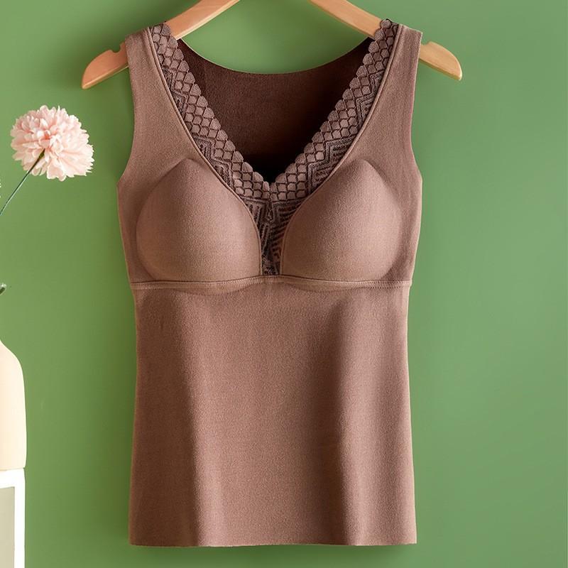 Womens Fleece Lined Thermal Vest Built In Bra Warm Underwear