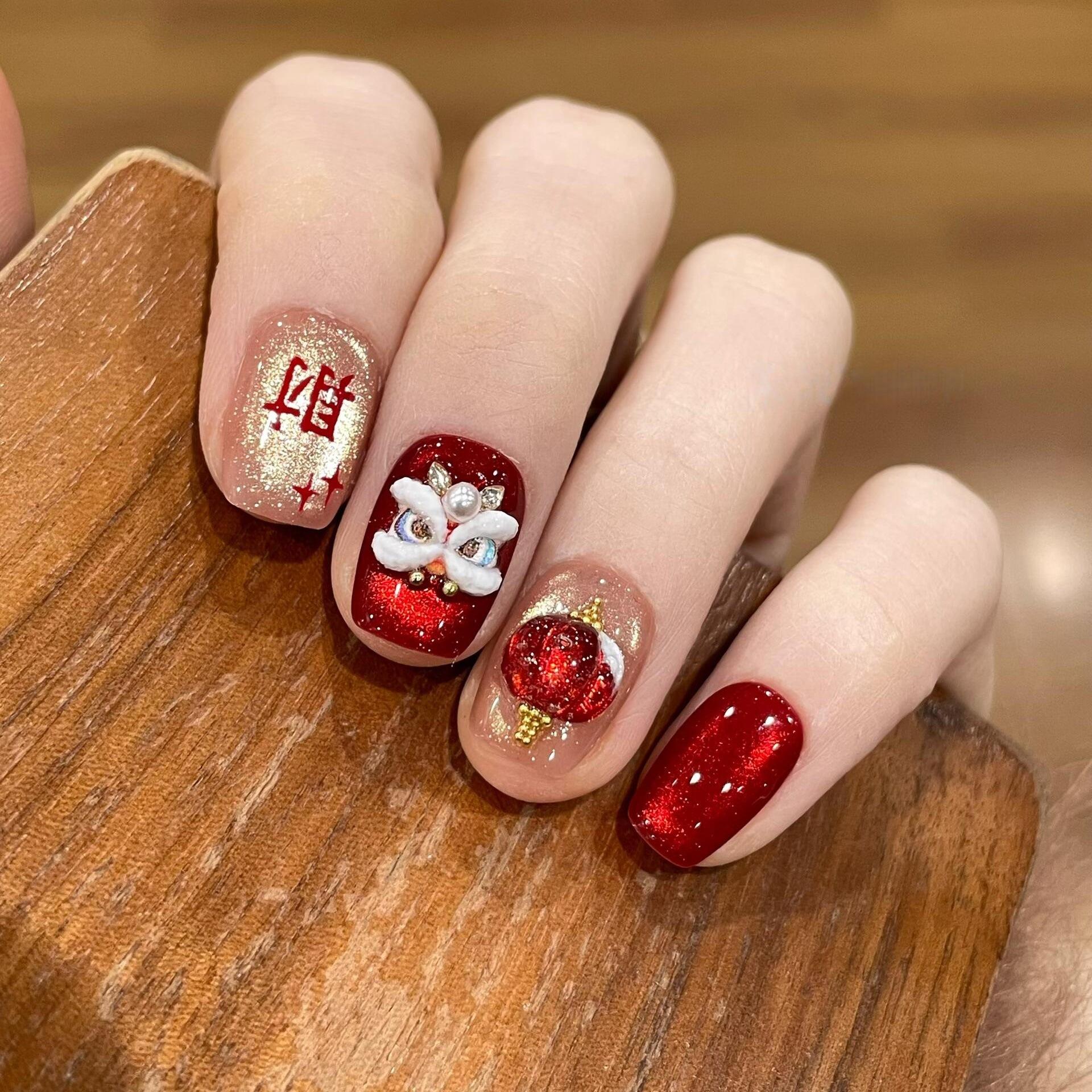 New Year s Lion Dance Pure Handmade Nail Wearing Ins Wind Short Nail Art False Nail Patch Pure Handmade Nail Art Patch XS