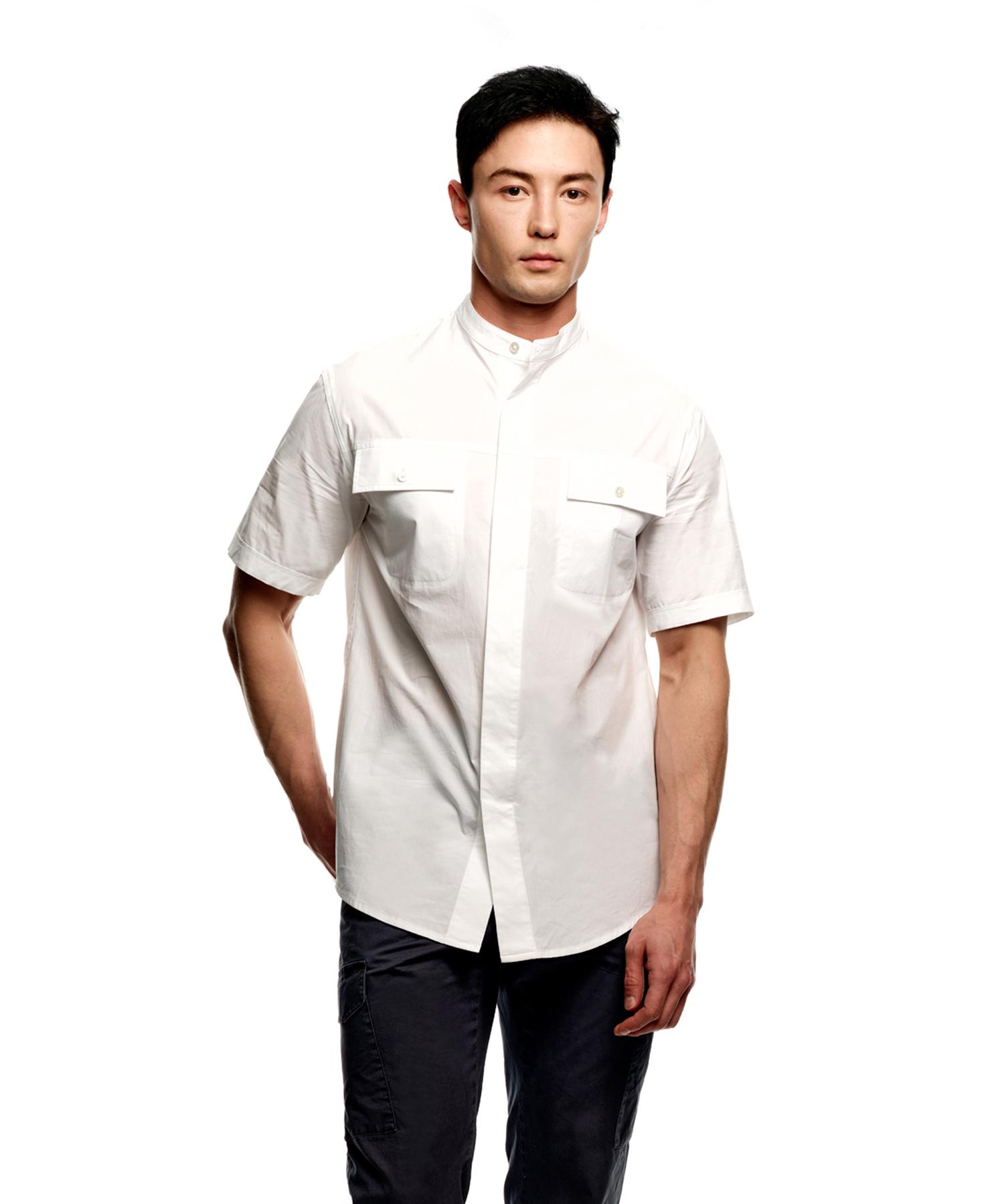 Soru Mandarin Collar Hidden Button Short Sleeve Shirt_White L