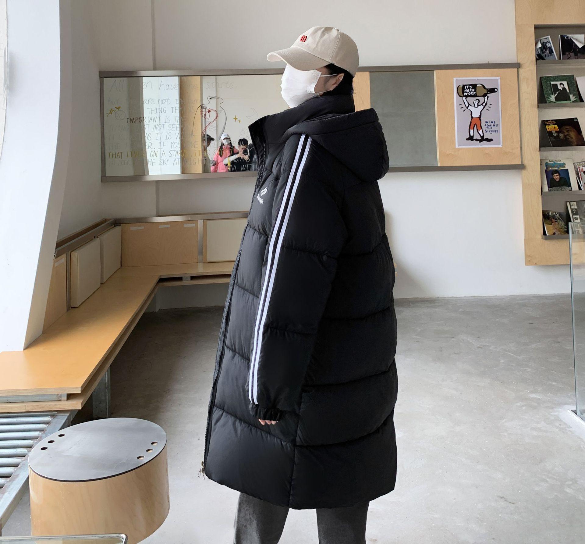 

New two-bar down cotton clothes for women s medium and long over-knee thickened loose warm cotton clothes winter jacket XXL чёрный