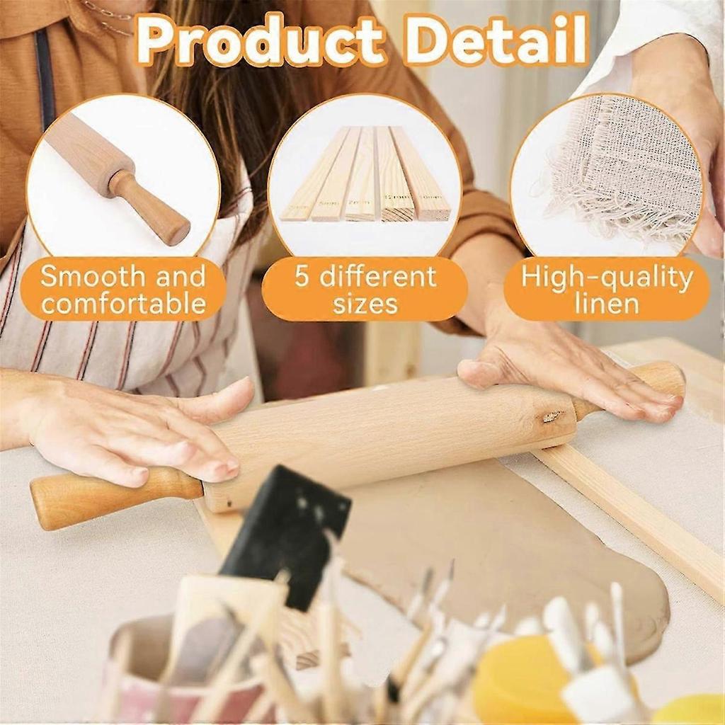 20Pcs Pottery Teaching Kit,with Rolling Pin,Pottery Teaching Rolling Mud Sticks,Clay Sculpting Tools and Premium Linen