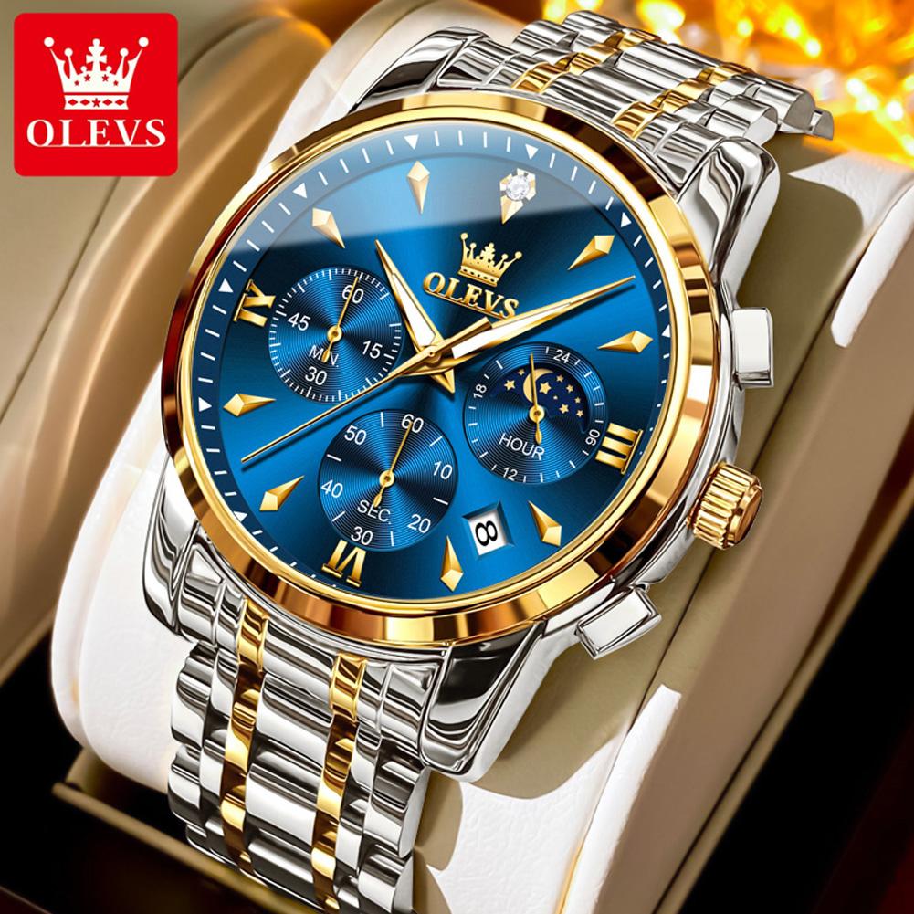 OLEVS Moon Phase Original Mens Watches Classic Three Eyes Waterproof Luminous Chronograph Quartz Wristwatch Brand Watch