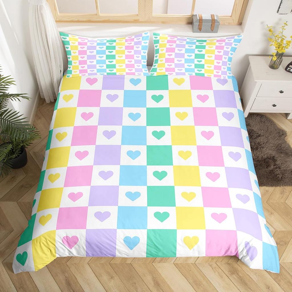 Colorful Rainbow Heart Duvet Cover Sets For Kids Boys Girls Queen Lightweight Quilt Covers Love Heart Bedding Sets Bedroom Decor