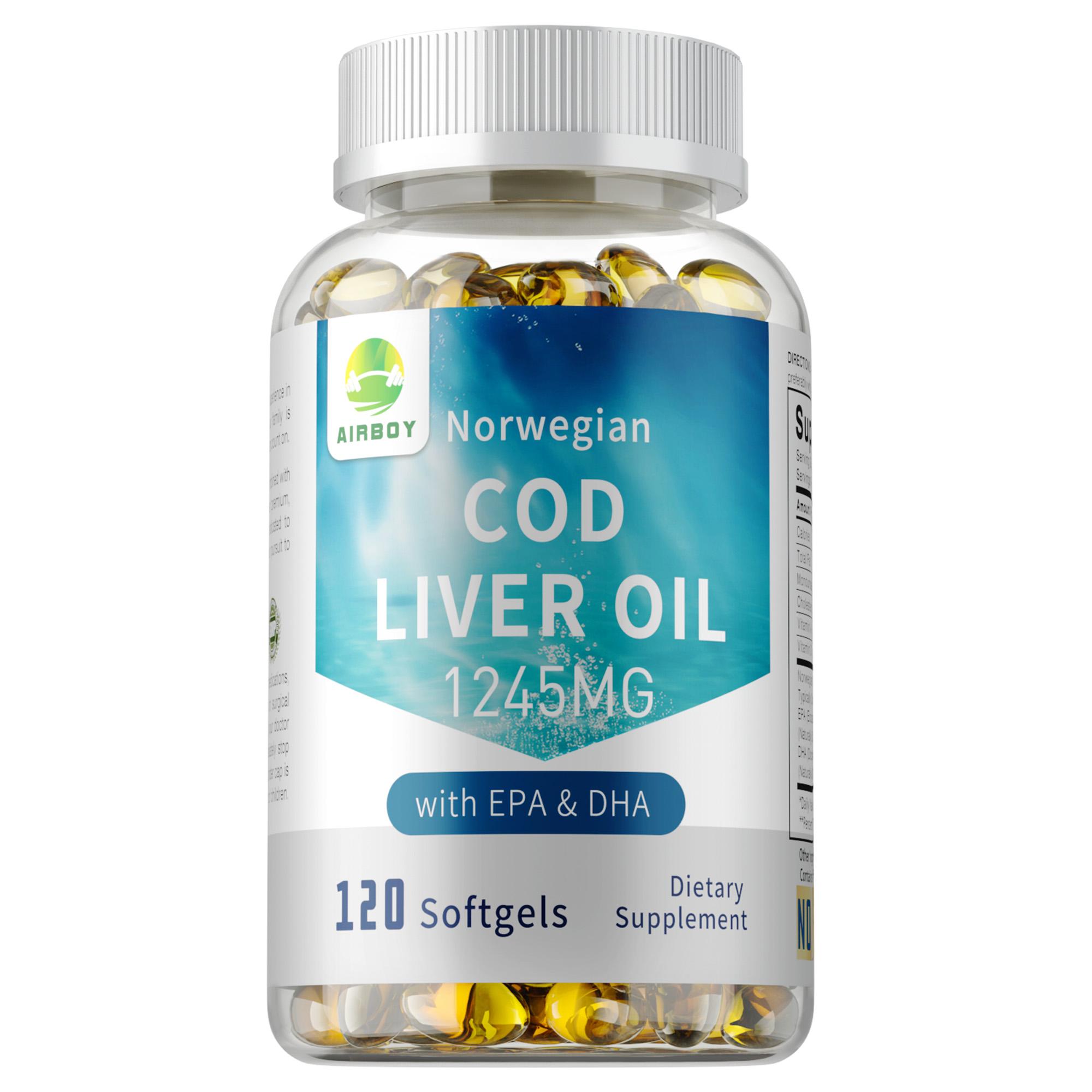 AIRBOY Norwegian Cod Liver Oil Softgels, containing EPA and DHA, 1245 mg per serving, non-GMO. 120