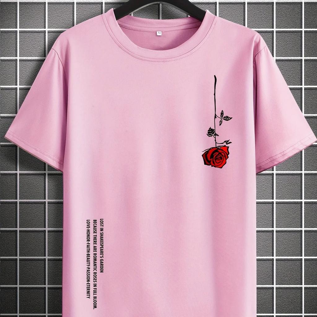 Simple Rose Letter Pattern Print, Casual, Fashionable, Loose Short-sleeved, 100% Cotton T-shirt for Men