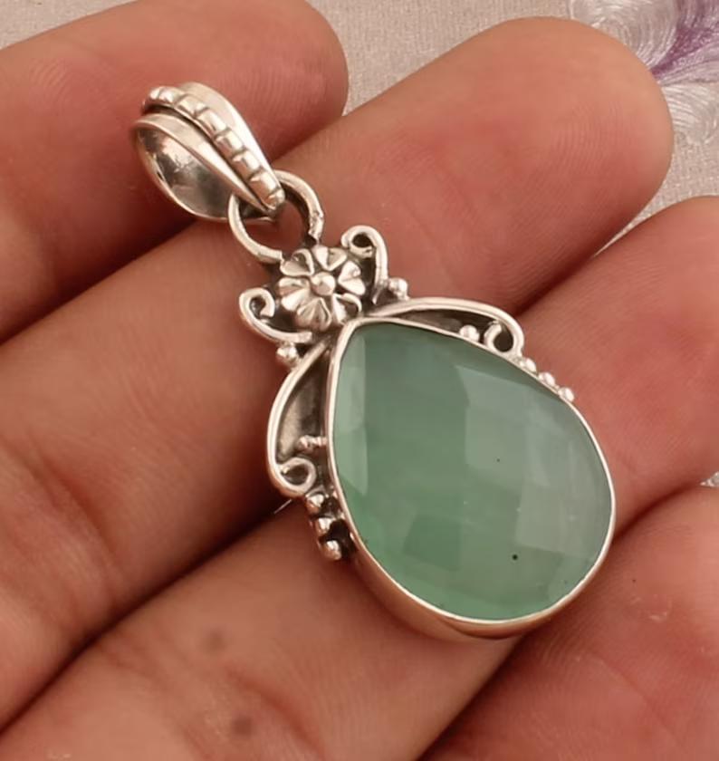 Aqua Chalcedony Pendant, 925 Sterling Silver Pendant Pear Shape Gemstone Pendant