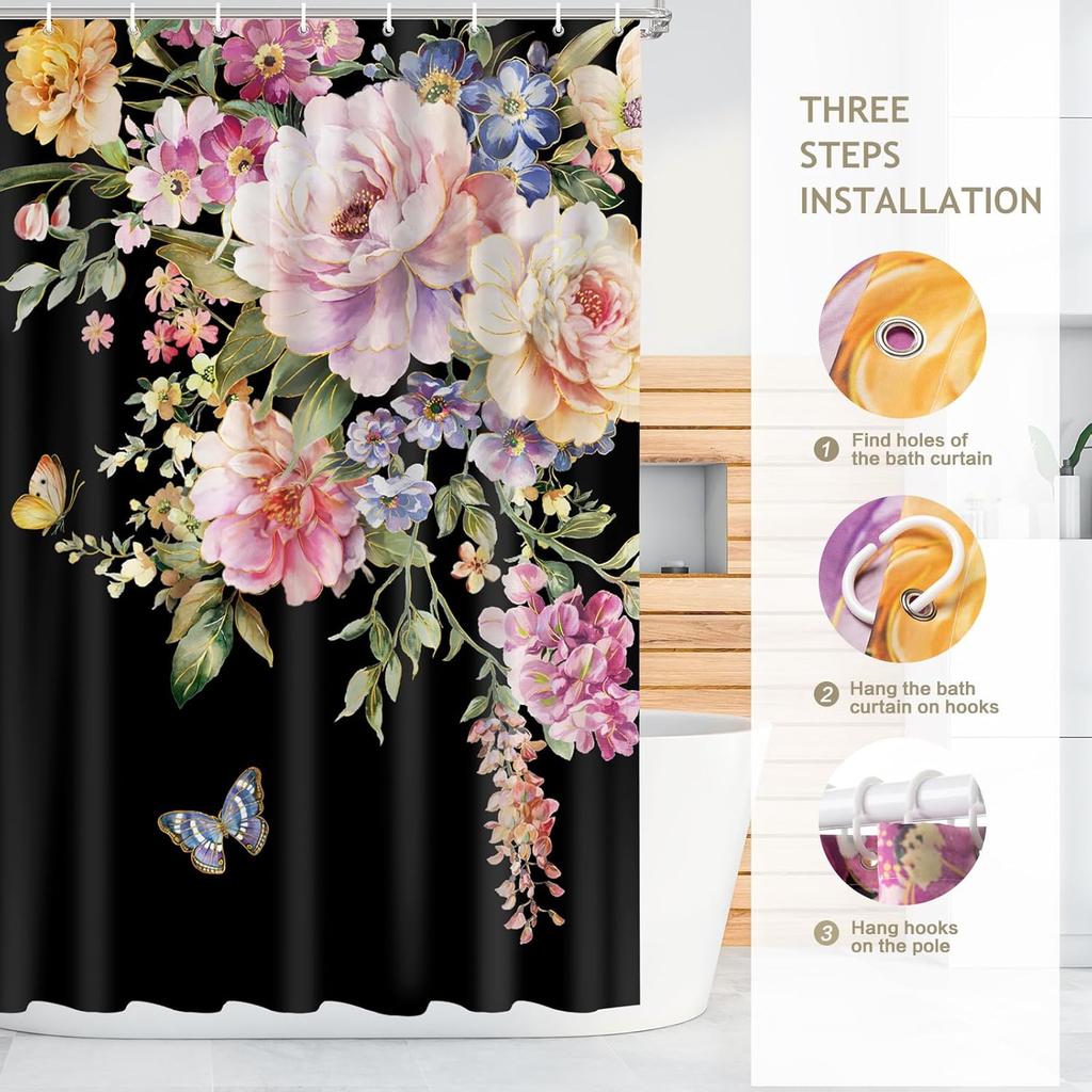 Vimorco Flower Butterfly Shower Curtain, Black Shower Curtains for Bathroom, Waterproof Quick-Dry Polyester Fabric Flower Shower Curtain, Floral Bath