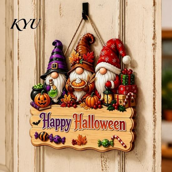Festive Window Hanging Halloween Wooden Sign, Happy Door Sign with Gnomes/Ghosts, Retro Decorative Wood Board Autumn Harvest Festival Wall Decoration