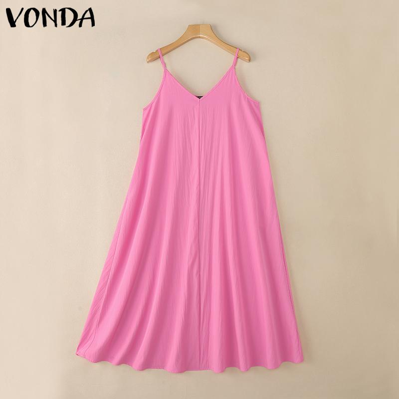 VONDA Women Casual Strap Sleeveless Ruffled Baggy Casual Swing Long Dress
