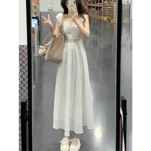 French Square Collar Pure Desire Hottie White Dress Fairy Waist Temperament Slim Strap High Waist Long Dress Summer