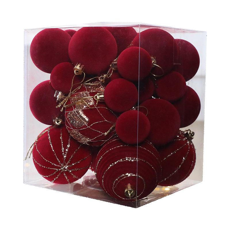 36-Piece Wine Red Velvet Christmas Bauble Set – 8cm/6cm/4cm Flocked Tree Ornaments with Gold Detail