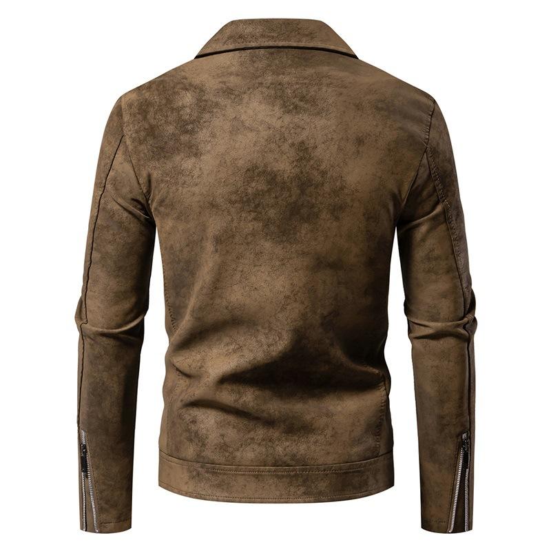 Pánská kožená bunda, PU bunda z umělé kůže, šikmý zip, klopa, motorkářská bunda