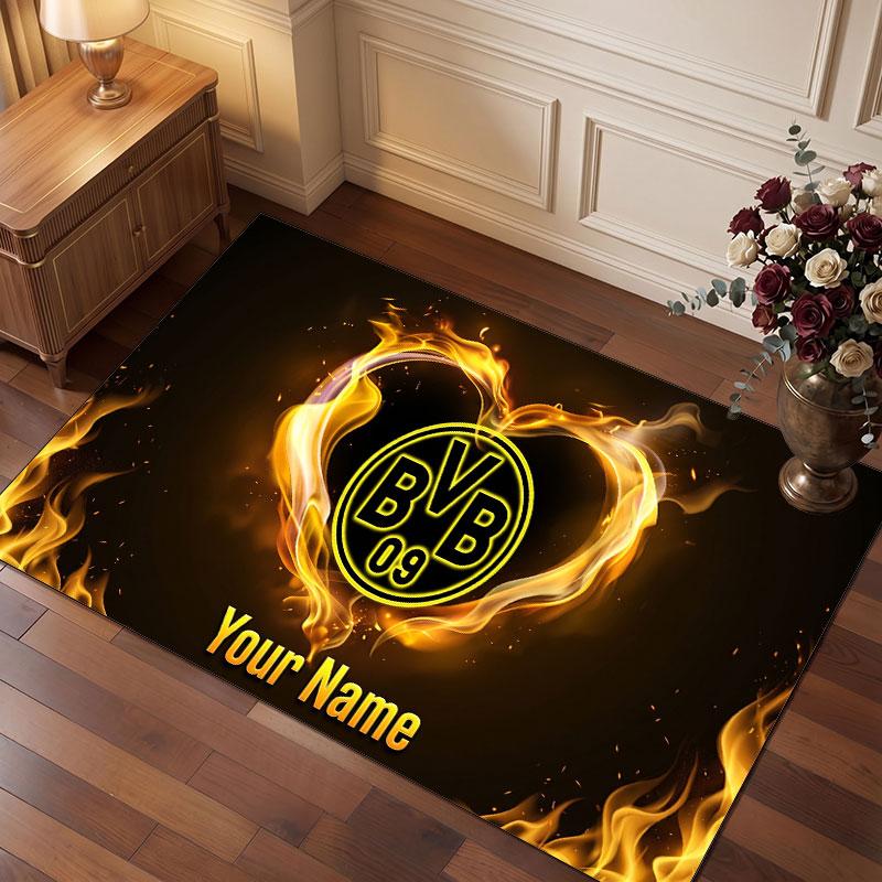 Borussia Dortmund Benutzerdefinierter Kristall-Samt-Teppich, Personalisierter Namens-Textdruck, Fußball-Logo Weiche Rutschfeste Fußmatte Heimdekoration Geschenk 40cmx60cm brown