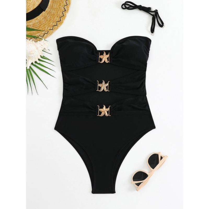 Womens Sexy Solid Color Strappy Hollow Out One Piece Beach Swimsuit