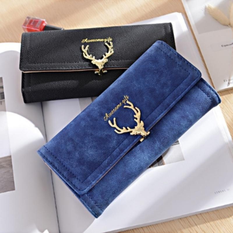 2024 New Fashion Deer Head Women's Long Wallet Trendy Cool PU Matte 3 Fold Billfold Multi Card Female Clutch Money Bag Change Pocket Girl Holiay Gifts