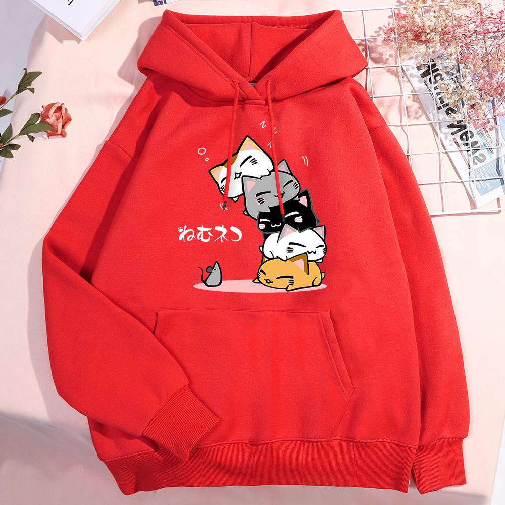 Cute Layered Cat Can't See The Mouse When Sleeping Hoodie Women's Fashion Round Neck Clothing Cute Hoodie Street  Sweatshirt