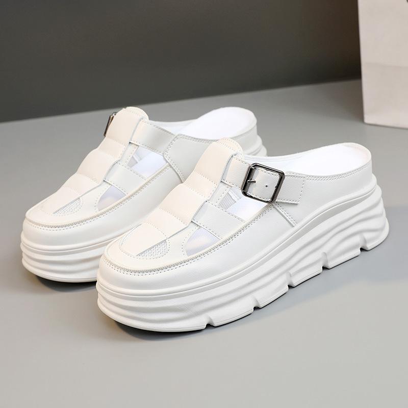 

[Customized] W3608 new half-drag girl 2025 summer hollow and breathable thick-soled heightening casual slippers sandals 34
