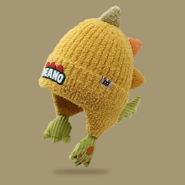 Winter Kids' Thickened Ear-Warming Windproof Fleece-Lined Beanie Cute 3D Dinosaur Knit Beanie