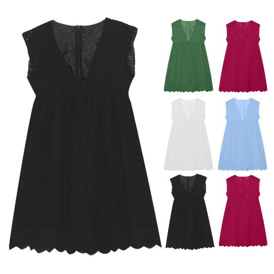 Beach Dress Flying Sleeve Hollow Out Solid Color Lace Applique V Neck Loose Pleated Double-layered