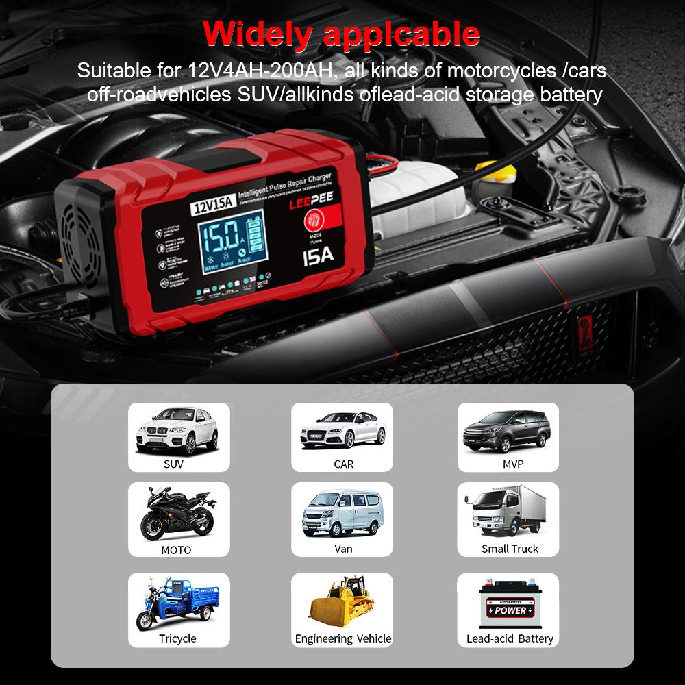 12V 15A 12A Multifunctional Intelligent Pulse Repair Maintenance Car Motorcycle Battery Charging Lead-Acid Smart Battery Charger