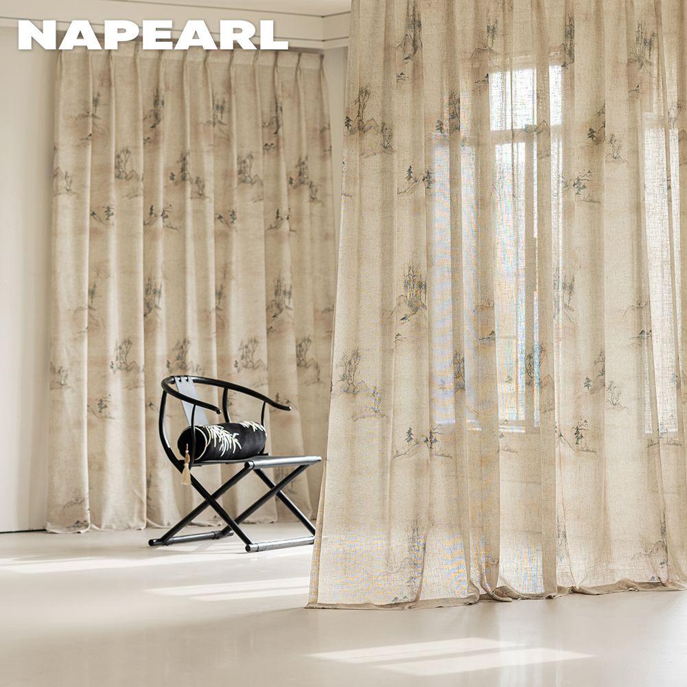 1PC NAPEARL New Chinese Ink Painting Printed Sheer Curtain Imitation Linen Tulle for Living Room Bedroom Balcony Window Home Decor